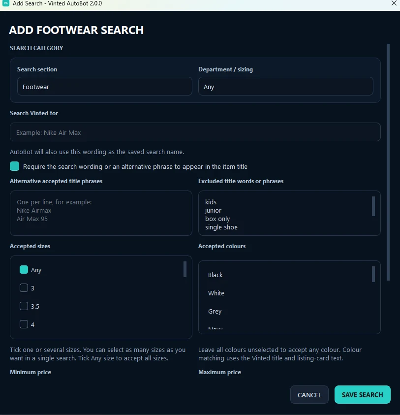 Add Footwear Search dialog in Vinted AutoBot