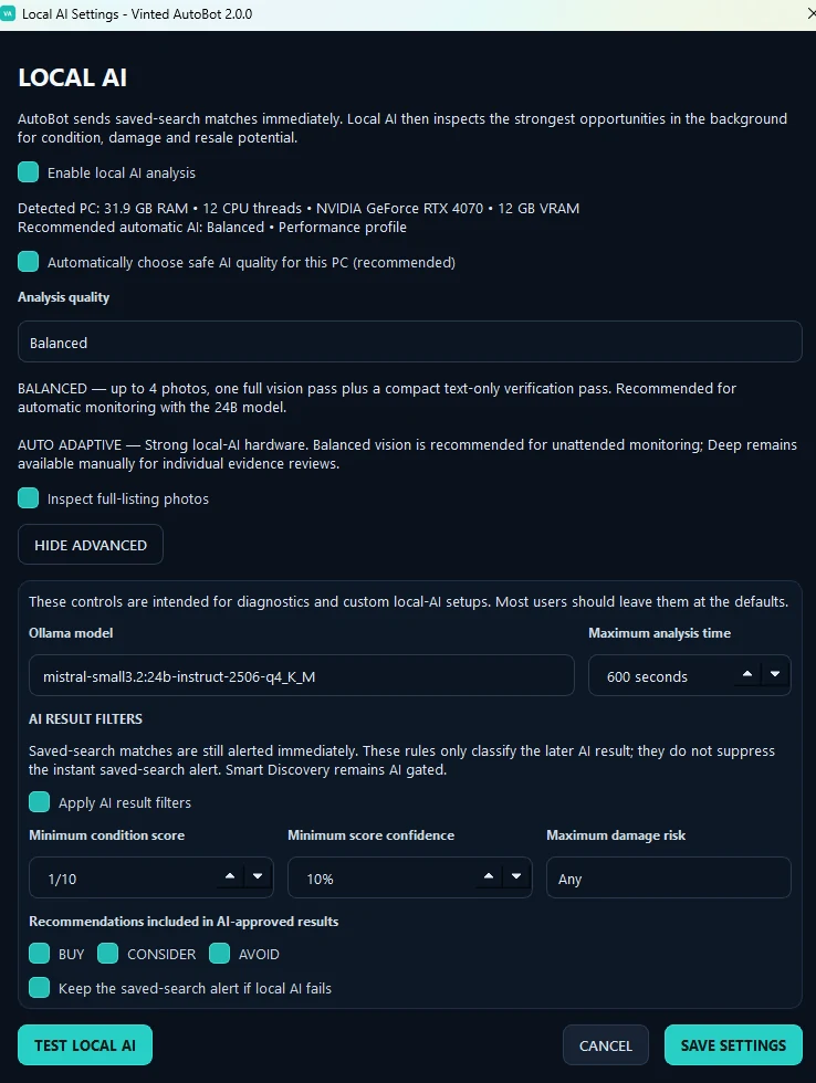 Vinted AutoBot local AI settings with adaptive hardware detection