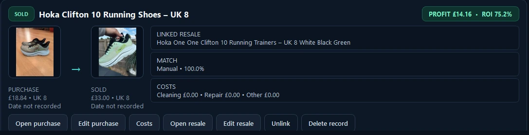 Vinted AutoBot resale record for Hoka Clifton 10 showing purchase £18.84, sold £33.00, profit £14.16 and ROI 75.2%
